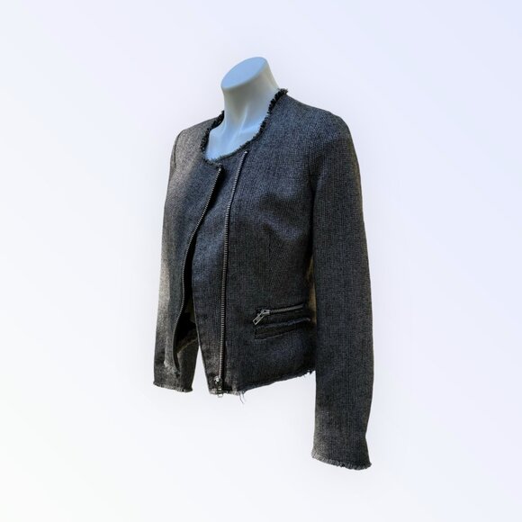 MNG Casual Womens Tweed Zipper Jacket - XS / S - Gray With Frayed Edges & Pocket - Picture 3 of 13